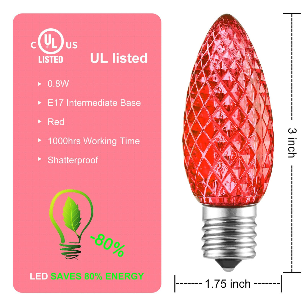 Minetom C9 LED Christmas Light Bulbs, 50 Pack, Dimmable, E17 Base, Red, Indoor & Outdoor Holiday Decoration
