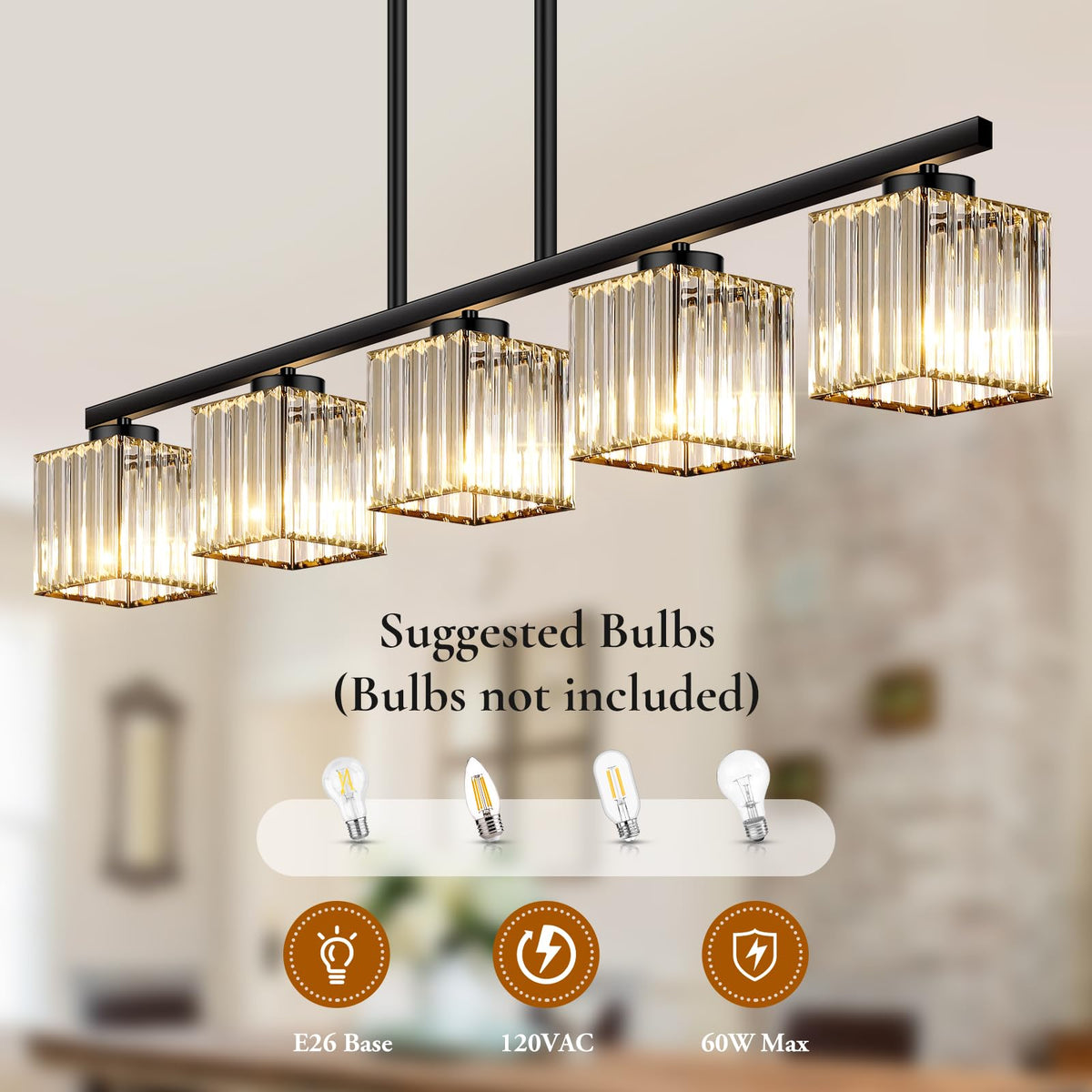 BesLowe Kitchen Island Lighting Linear Chandelier K9 Crystal Black Metal Model L2028-5BK