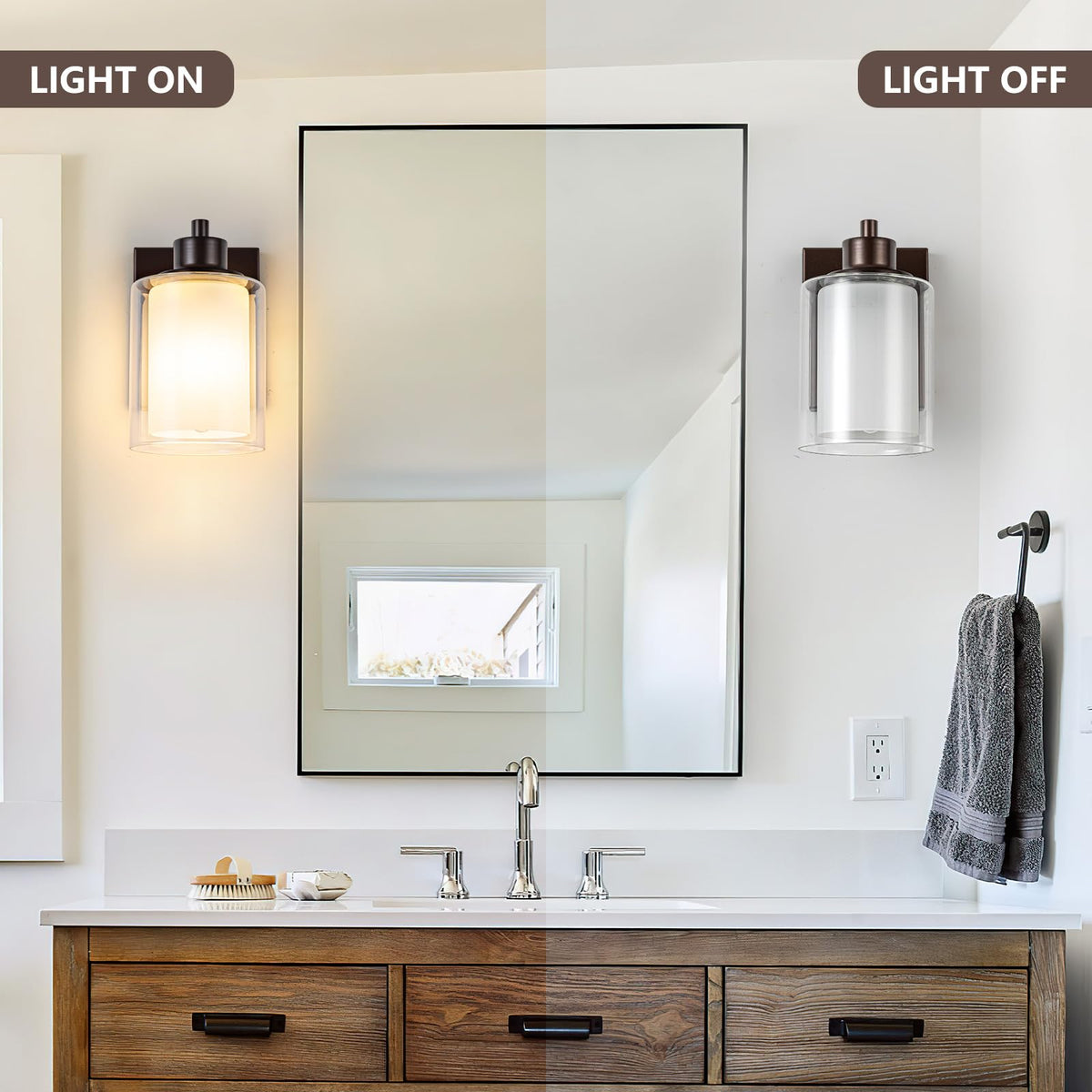 Eidonta Bath Vanity Light Fixtures, Modern 2 Pack Wall Scone, Oil Rubbed Bronze, Dual Glass Shade, Model Eidonta-2PACK-BVLF