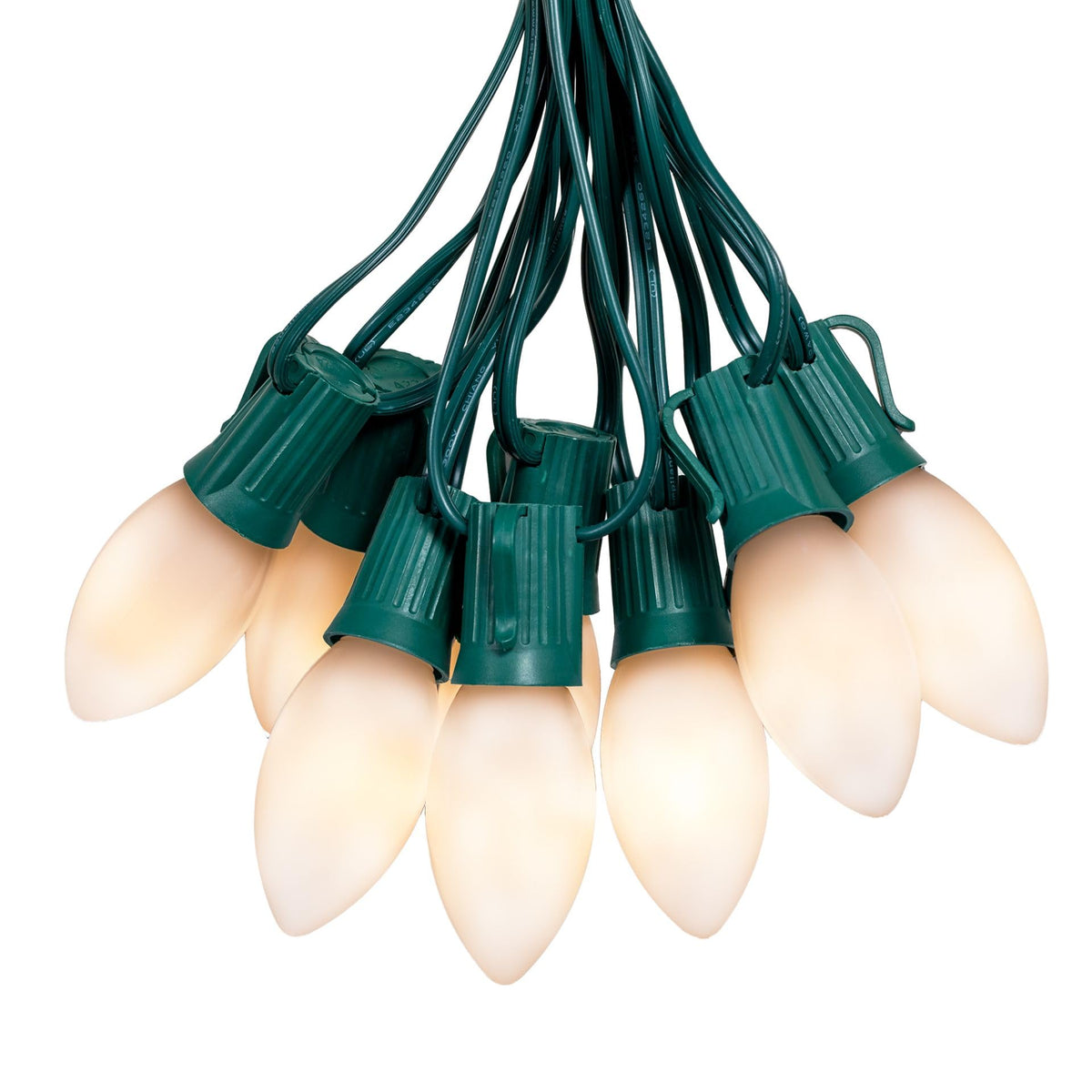 Novelty Lights Vintage LED C9 String Lights, 25 Ft, Warm White, Ceramic Bulbs, 12in Spacing, Green Wire, Model MRD-25B