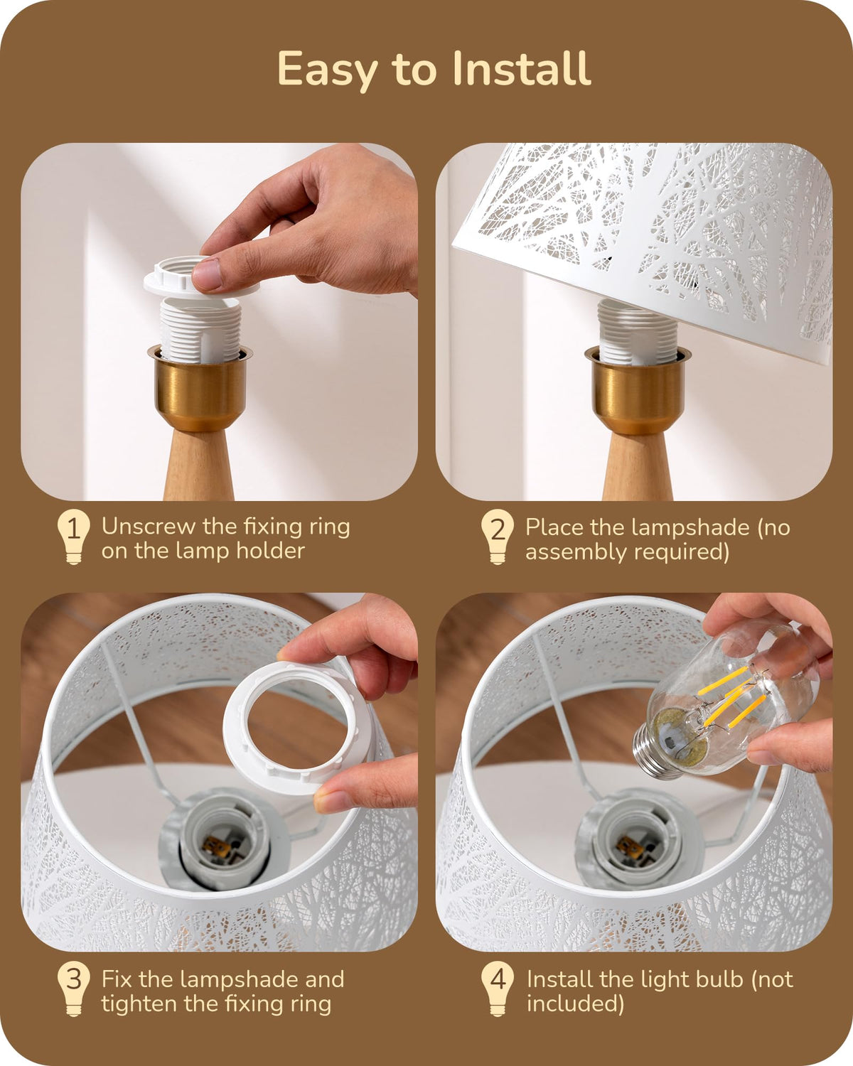 EDISHINE Small Table Lamp, Wooden Bedside Lamp with Iron Lampshade, Light Wood Color, E26 Socket, ON-Off Switch