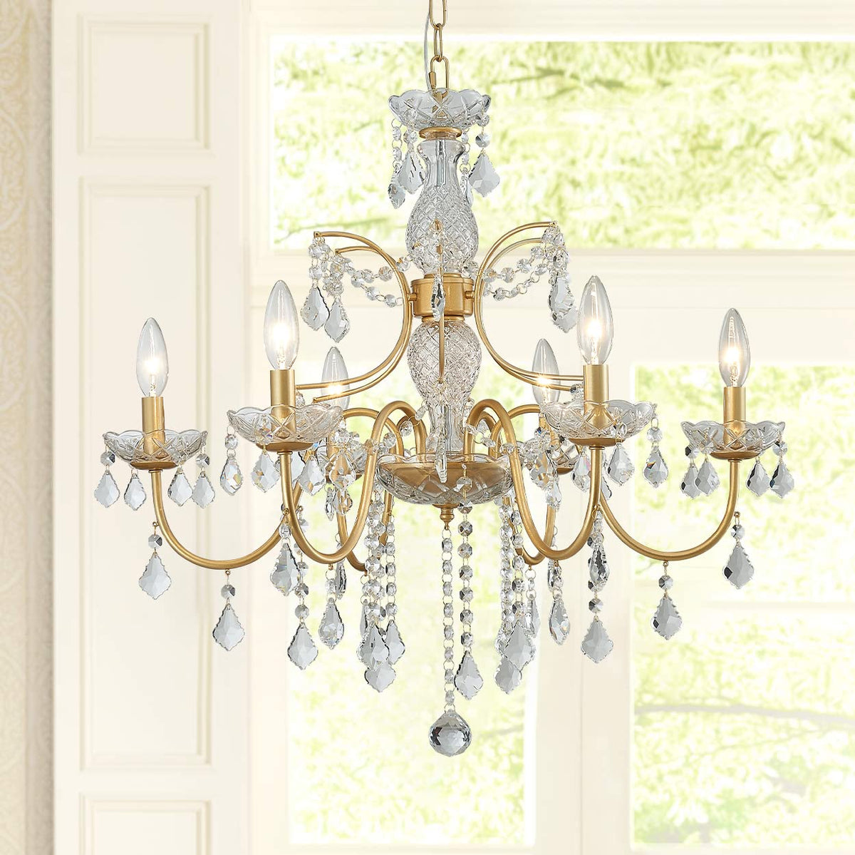 Bestier Crystal Candle Candelabra Chandelier 6 Light Pendant Light 26in Diameter x 26in Height Gold Finish Model AK-AJ-18174