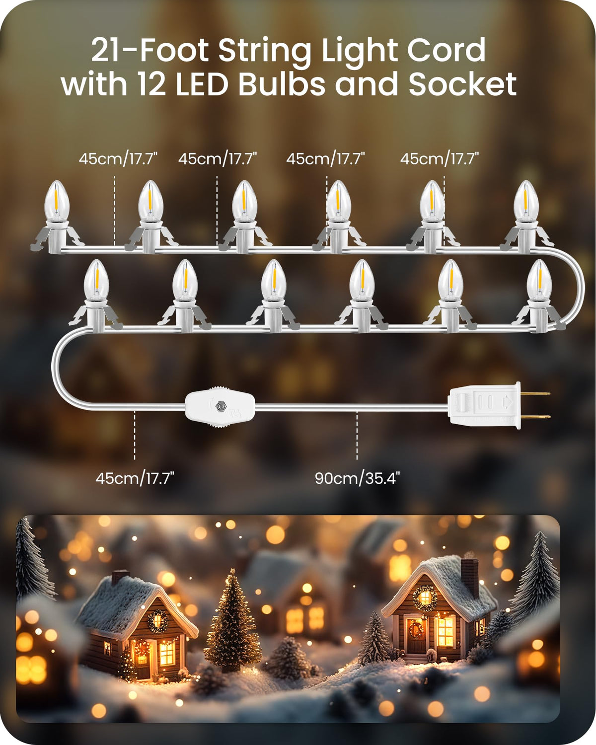 GOEBLESON Christmas Village Lights, 21Ft String Lights with 12 Warm White C7 LED Bulbs, Model W02VL05