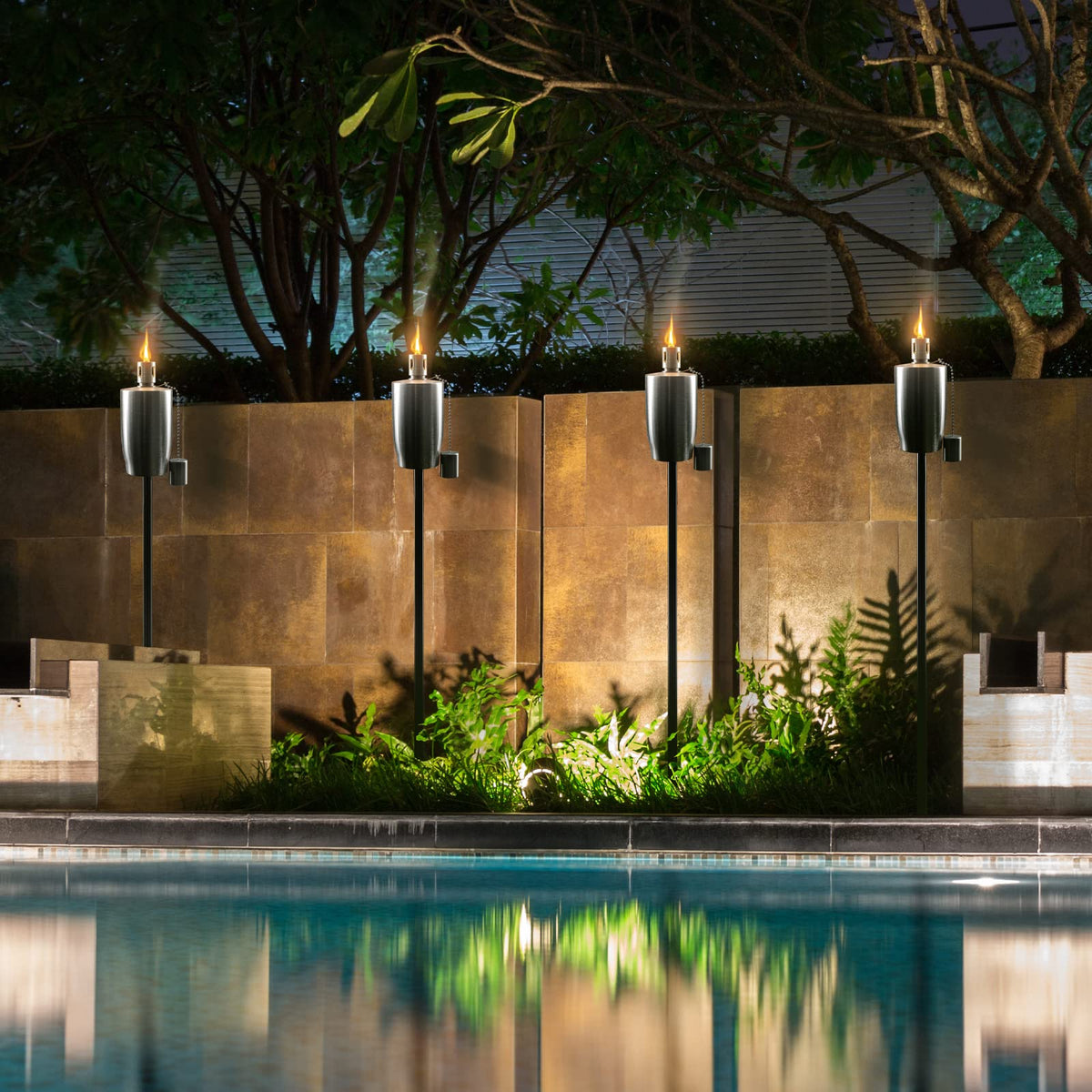 Matney Stainless Steel Outdoor Torches - 5 ft Oil Lamp Set of 4 - Fiberglass Wick & Snuffer Cap