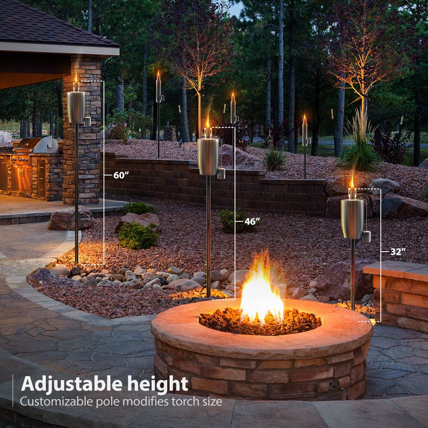 Matney Stainless Steel Outdoor Torches - 5 ft Oil Lamp Set of 4 - Fiberglass Wick & Snuffer Cap - Decorative Garden Lights